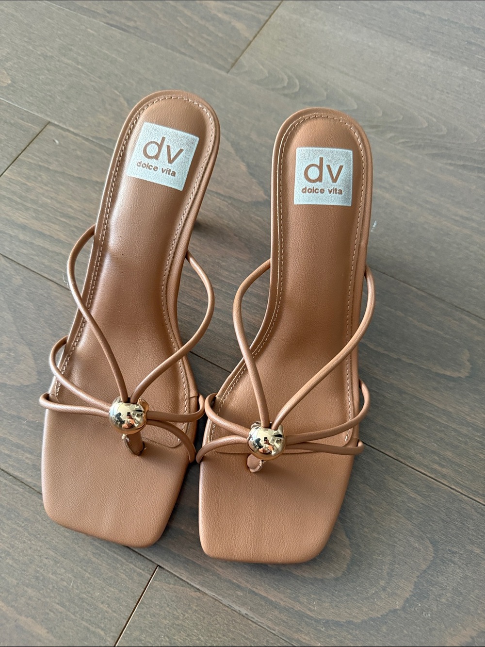 Dolce Vita Brown Strappy Square-Toe Heeled Sandals with Gold Accent